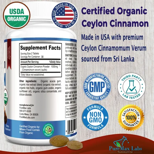 Vista 2 de YUMMYVITE Canela de Ceilán orgánica, 1000 mg por porción, suplemento orgánico certificado de canela verdadera, antioxidante, absorción rápida, 60