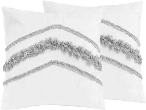 Vista 2 de KB & Me Juego de 2 fundas de almohada decorativas de macramé blanco y gris bohemio chic con borlas cuadradas decorativas para sofá, con textura