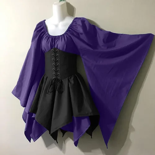 Vista 2 de SHOPESSA Disfraz medieval renacentista para mujer, vestido de corsé pirata, manga acampanada, vestido corto irlandés tradicional