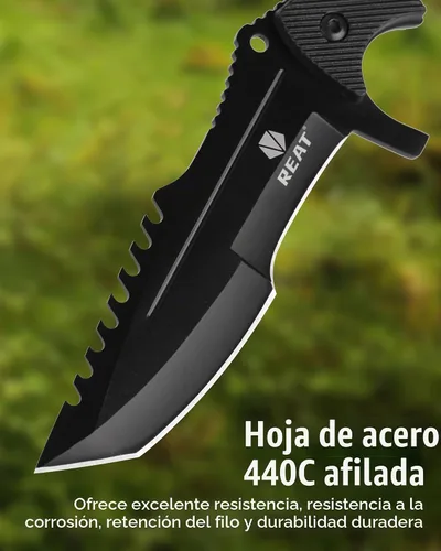 Vista 3 de REAT Cuchillo de hoja fija con funda, hoja de acero 440C de 4.1 pulgadas con diseño de espiga completa, mango ergonómico de plástico ABS, cuchillo