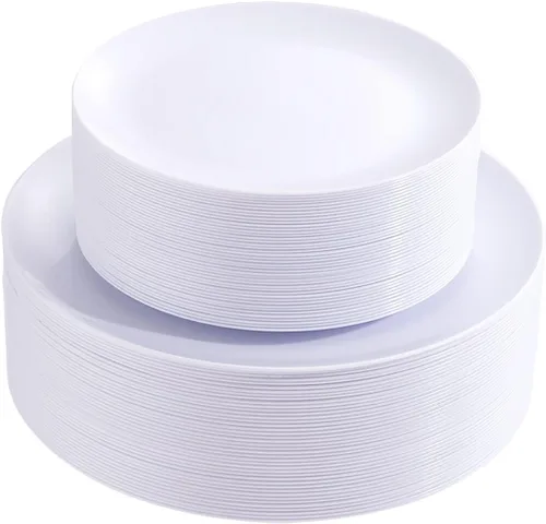 Vista 20 de PULOTE 100 piezas de platos de plástico negro desechables - Premium resistente 50 platos negros para cena, 50 platos para postre/ensalada - Ideal