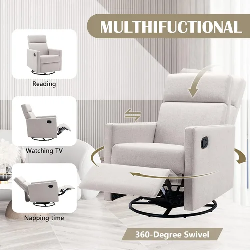 Vista 4 de LUMISOL Silla reclinable giratoria para adultos, silla deslizante para guardería, sofá individual reclinable manual, tapizada en lino, con respaldo