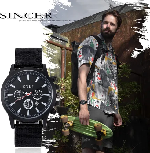 Vista 4 de Lancardo Reloj deportivo con esfera negra para hombre correa de nailon impermeable vela de fecha al aire libre para Navidad
