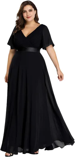 Vista 21 de Ever-Pretty Vestidos formales de noche de gasa para mujer con cuello en V de talla grande para mujeres con curvas, vestido de dama de honor de largo