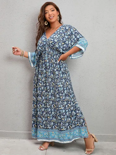 Vista 2 de Cozyease Vestido de mujer de talla grande con estampado floral dividido en la parte delantera, cuello en V, cintura alta, estilo bohemio, acampanado