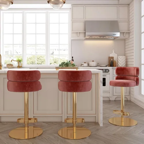 Vista 10 de Taburetes de bar de terciopelo modernos giratorios de altura ajustable para encimera de cocina, taburetes de bar con reposapiés para sala de estar