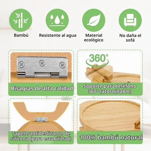 Vista 5 de SINWANT Mesa de brazo de sofá, mesa grande de bambú con clip para sofá con soporte para teléfono de 360°, mesa plegable para reposabrazos de sofá