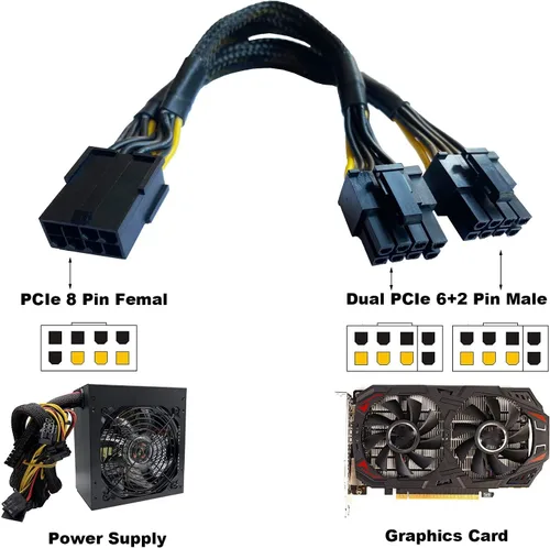 Vista 6 de GPU PCI-e 8 pines hembra a doble 8 (6+2) pin macho PCI Express trenzado con manga divisor cable de alimentación 9 pulgadas (paquete de 3)
