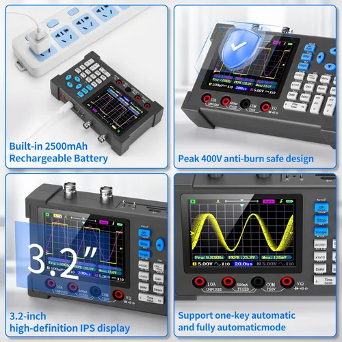 Vista 3 de Kit de osciloscopio digital de mano LCD - 2 canales 3.2 "TFT multímetro Osciloscopio generador de señal Mini Osciloscopio automotriz Ancho de banda
