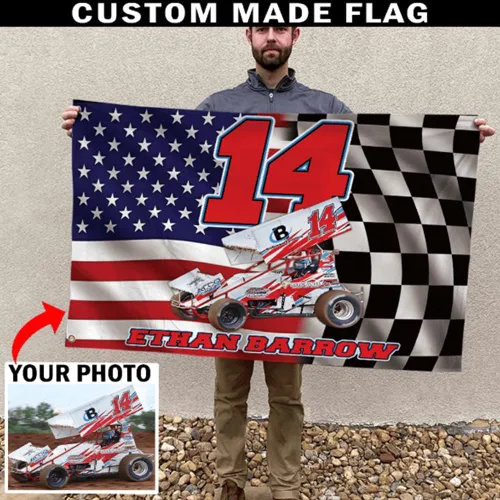 Vista 4 de Sprint Car Racing - Foto personalizada, nombre y número de carreras de bandera estadounidense a cuadros para amantes de las carreras de pista