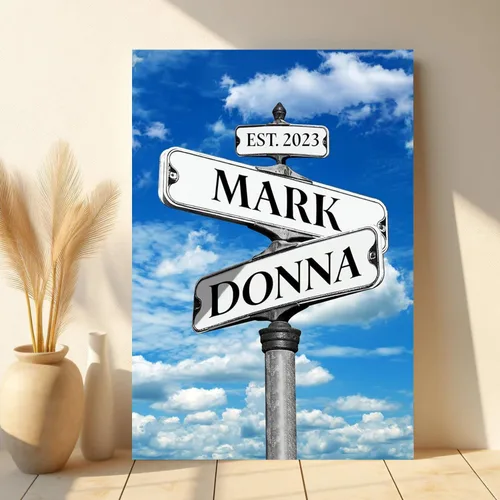 Vista 15 de Cartel de calle vintage de lienzo personalizado para parejas, cartel de cruce de caminos con nombre personalizado, el mejor regalo para parejas