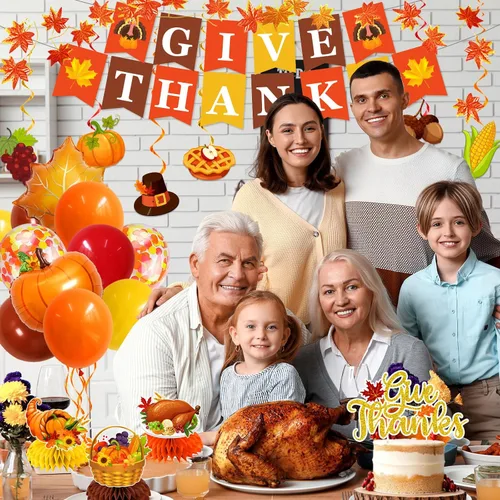 Vista 6 de Decoraciones de Acción de Gracias para fiestas, pancarta de Acción de Gracias, telón de fondo naranja y espirales colgantes, centros de mesa