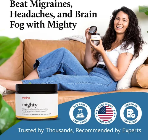 Vista 6 de Melina Mighty Suplemento natural para aliviar la migraña, magnesio, riboflavina B2 400 mg, matricaria, CoQ-10, ALCAR para fortalecer la migraña
