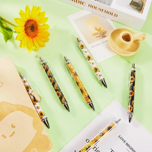 Vista 3 de Qilery 30 bolígrafos de girasol retráctiles a granel de flores amarillas florales creativas para plantas, bolígrafo de tinta negra, punta media