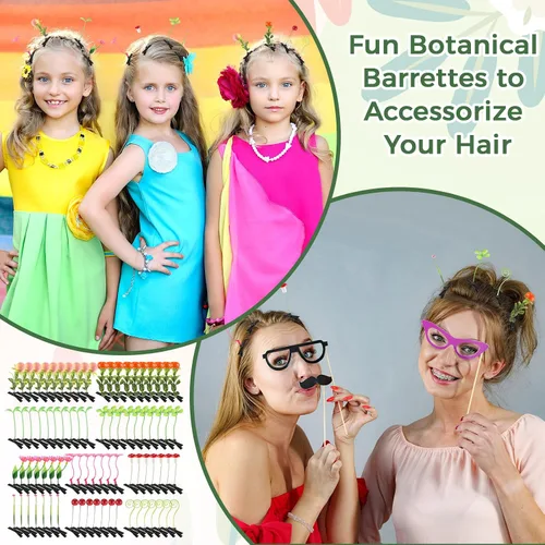 Vista 5 de Tigeen - 100 piezas de pinzas para el cabello con diseño de brotes de judías, divertidas horquillas de plantas, flores de césped, mariposas, hongos