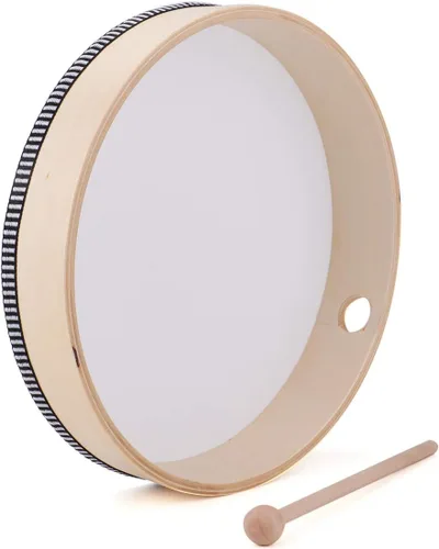 Vista 2 de Foraineam Tambor de mano de 10 pulgadas con baqueta de madera y marco de madera, tambor de ritmo musical, instrumento de percusión