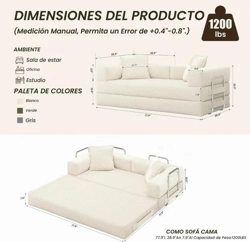 Vista 3 de GRUSIGN Sofá cama convertible 5 en 1 de 78 pulgadas, pana deshuesada, color Beige