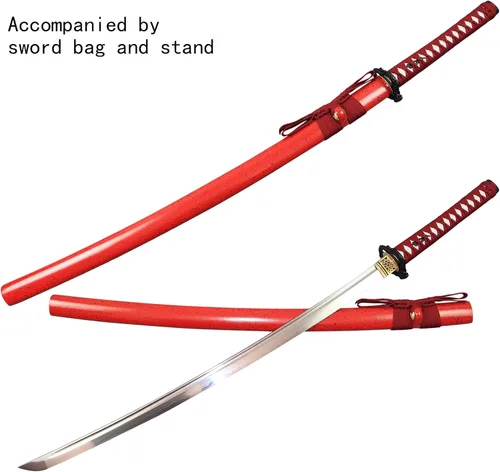 Vista 2 de Espada katana japonesa real hecha a mano, espada samurái de espiga completa, 40.5 pulgadas, bolsa de soporte incluida