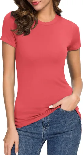 Vista 19 de Camiseta de mujer con cuello redondo, manga corta, ajustada, elástica, básica, de Urban CoCo Negro