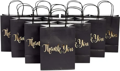 Vista 4 de Sparkle and Bash Paquete de 24 bolsas de regalo de papel de agradecimiento negras medianas con asas, lámina dorada