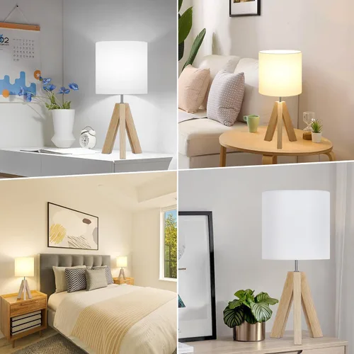 Vista 7 de Lámpara de mesa pequeña de madera, lámpara de mesa de trípode de madera con pantalla de tela blanca, linda lámpara de mesa boho minimalista