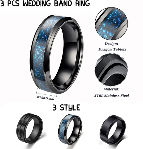 Vista 3 de WAINIS Juego de 8 anillos giratorios negros de acero inoxidable para hombres y mujeres anillos de ansiedad de liberación fresca Metal Zirconia cúbica