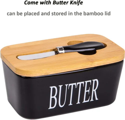Vista 3 de Mantequillera con tapa y cuchillo, recipiente de cerámica para mantequilla con tapa de bambú para encimera, platos de mantequilla más grandes
