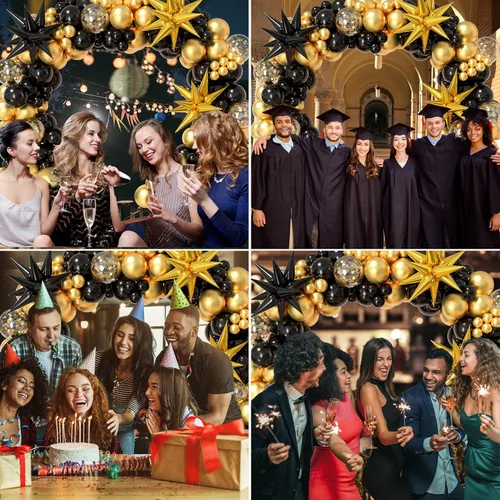 Vista 3 de Kit de arco de guirnalda de globos negro y dorado 158 piezas con globos de confeti negro y dorado, globos de papel de aluminio estrella