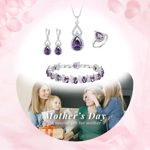 Vista 6 de EleQueen Jewelry Set for Women, Teardrop Cubic Zirconia Necklace Open Ring Earrings Bracelet Sets, WeddingAnniversaryValentine's DayMother's Day