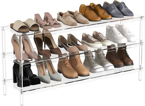 Vista 9 de Aquiver Zapatero largo de acrílico, organizador de zapatos de 2 niveles para armario, estante ancho para zapatos, estante transparente para zapatos
