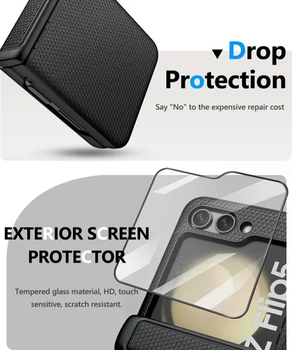 Vista 4 de Vihibii - Funda para Samsung Galaxy Z Flip 5 con protección de bisagra, 2023, color negro Protector de pantalla exterior HD, delgado y elegante