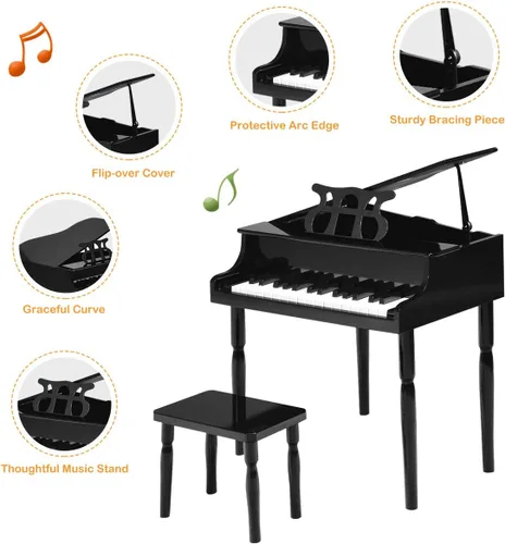 Vista 3 de Costzon Piano Clásico para Niños, Piano de Juguete de Madera con 30 Teclas, con Soporte para Partituras y Banco, Mini Juguete Musical para Niños
