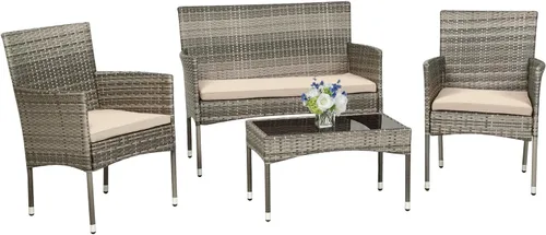 Vista 20 de Juego de 4 muebles modulares para exteriores, juego de muebles de mimbre resistentes al agua con 3 sillas de ratán, 1 cojín de mesa con tapa