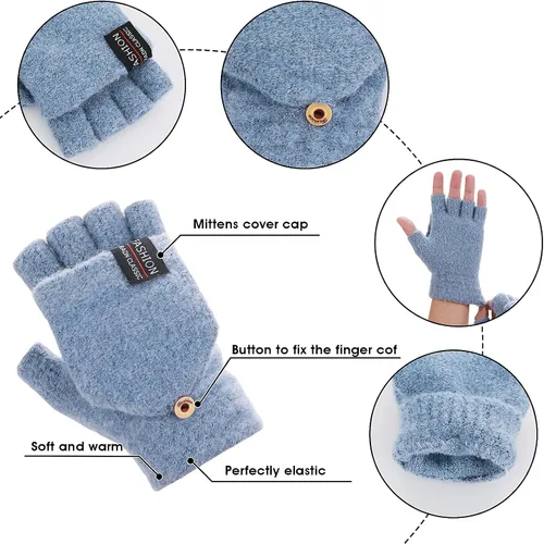 Vista 28 de THINP Guantes sin dedos para mujeres y hombres, guantes de invierno, guantes de lana cálida de punto sin dedos con tapa, guantes convertibles