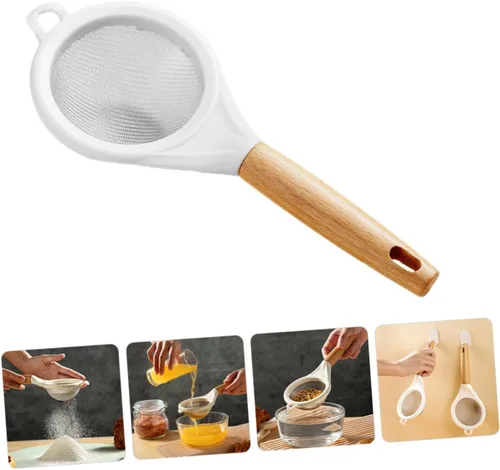 Vista 7 de Tamiz de harina de malla fina con mango de madera, pequeño tamiz de acero inoxidable para hornear azúcar en polvo, sal de cacao, filtro de cocina