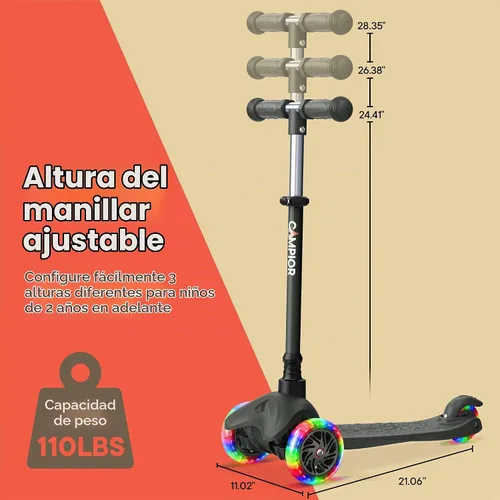 Vista 6 de Mini scooter negro de 3 ruedas para niños, inclinado para dirigir con ruedas con luces LED, manubrio ajustable, cubierta antideslizante ancha