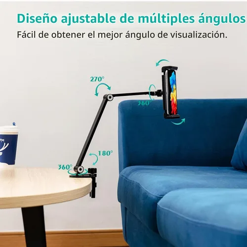 Vista 3 de Soporte de escritorio para iPad, abrazadera ajustable para tableta, rotación de 360 grados, soporte de brazo de aluminio resistente para iPad Negro