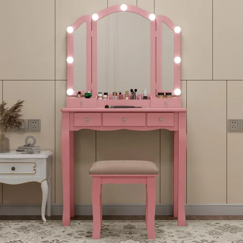Vista 11 de Escritorio de tocador con espejo y luces de maquillaje con luces mesa con luz tocador de maquillaje con cajones negro juego de tocador para niñas