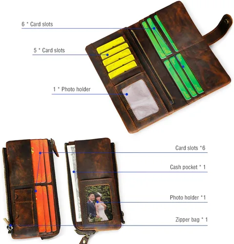 Vista 63 de Genuino Caballo Loco Cuero Regalo de Viaje Moneda Bolsillo Tarjetero Organizador Largo Cadena Rfid Cartera Monedero Con Broche Para Hombres Hombres