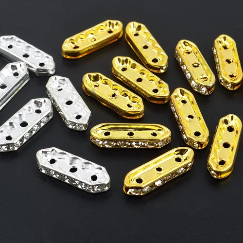 Vista 4 de 100 barras espaciadoras de diamantes de imitación de 3 agujeros, 6 barras espaciadoras de metal, conectores de eslabones para pulseras de múltiples