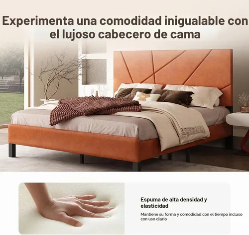 Vista 5 de Estructura de cama con plataforma tapizada de tamaño completo con cabecera acolchada de piel sintética, soporte de listones de metal resistente,