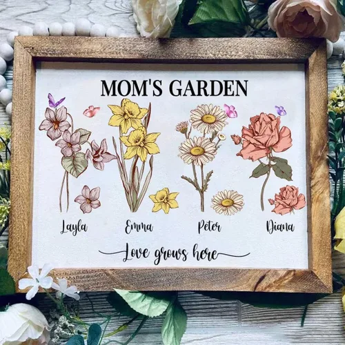 Vista 13 de Nazenti Letrero personalizado con marco de jardín de la abuela con nombres de nietos y flor de nacimiento para regalo del día de la madre, regalos