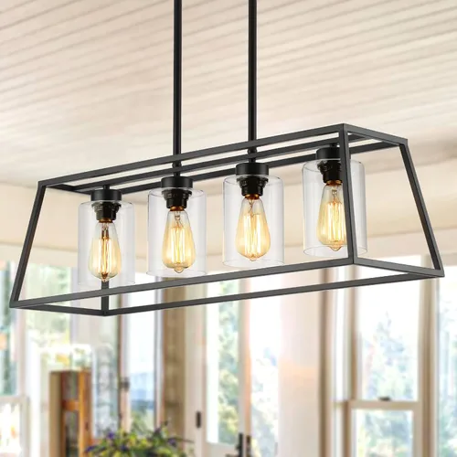 Vista 2 de Candelabros negros de granja para comedor, lámpara rústica de isla de cocina, lámpara colgante lineal de 4 luces, isla de cocina con pantalla