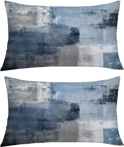 Vista 9 de Almohadas de terciopelo decorativas abstractas de color azul y gris, fundas de almohada de 16 x 16 pulgadas Juego de 2, azul marino, gris, fundas