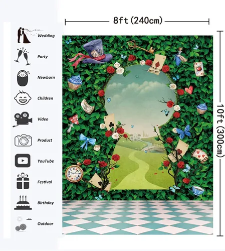 Vista 7 de Fondo para fotografía de fiesta de té de rosas, hojas verdes, sombrero mágico, decoración de tablero de ajedrez, princesa, niñas, cumpleaños
