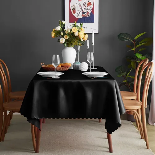 Vista 2 de KKJIAF Paquete de 1 mantel de satén negro de 58 x 102 pulgadas, rectangular, brillante, sedoso y suave, para decoración de banquete de boda, fiesta