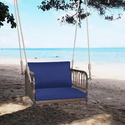 Vista 3 de HAPPYGRILL Silla de columpio para porche, asiento colgante tejido de ratán con cuerdas para colgar, ganchos de cojines, banco colgante de mimbre
