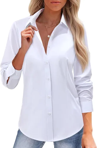 Vista 16 de siliteelon Camisas con botones para mujer, camisas de vestir de algodón de manga larga para mujer, sin arrugas, blusa de trabajo elástica