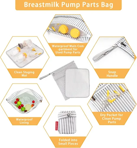 Vista 2 de Bolsa húmeda y seca BABEYER para almacenamiento de piezas de extractor de leche, bolsa impermeable para piezas de bomba con alfombrilla para mamás