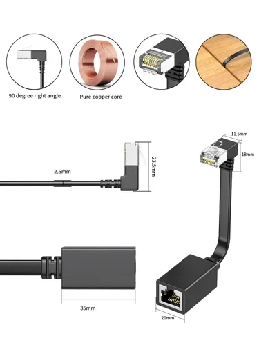 Vista 6 de Paquete de 2 cables de extensión Ethernet Cat7 de ángulo recto planos de 15cm/6 pulgadas, ángulo recto hacia arriba de 90 grados, cable de conexión